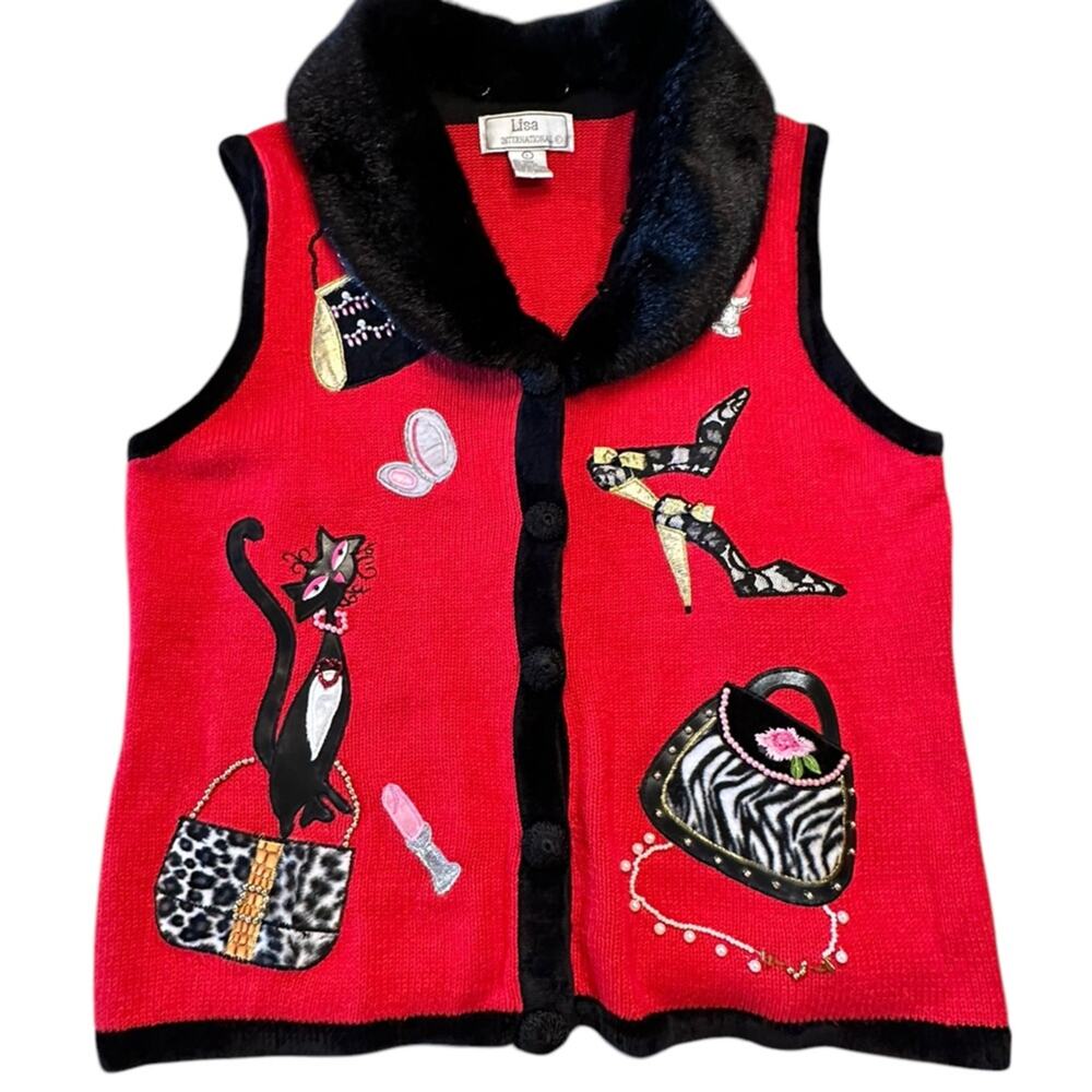 Lisa International Women’s Size Large Red SweaterVest in Ramie/Cotton Blend
